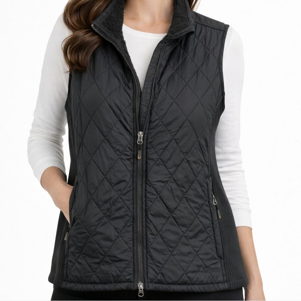LL Bean Quilted Vest Medium Sherpa Lined Black Zip Gorp Core Classic Outdoor